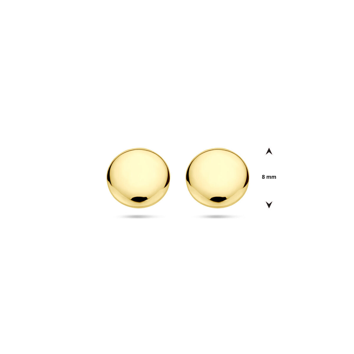 Een paar oorknoppen rond 14K geelgoud van Van der Kooij Collectie is naast elkaar afgebeeld op een witte achtergrond, met een maataanduiding die de diameter van 8 mm weergeeft.