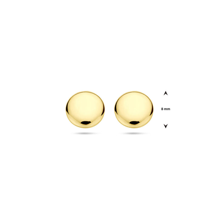 Een paar oorknoppen rond 14K geelgoud van Van der Kooij Collectie is naast elkaar afgebeeld op een witte achtergrond, met een maataanduiding die de diameter van 8 mm weergeeft.