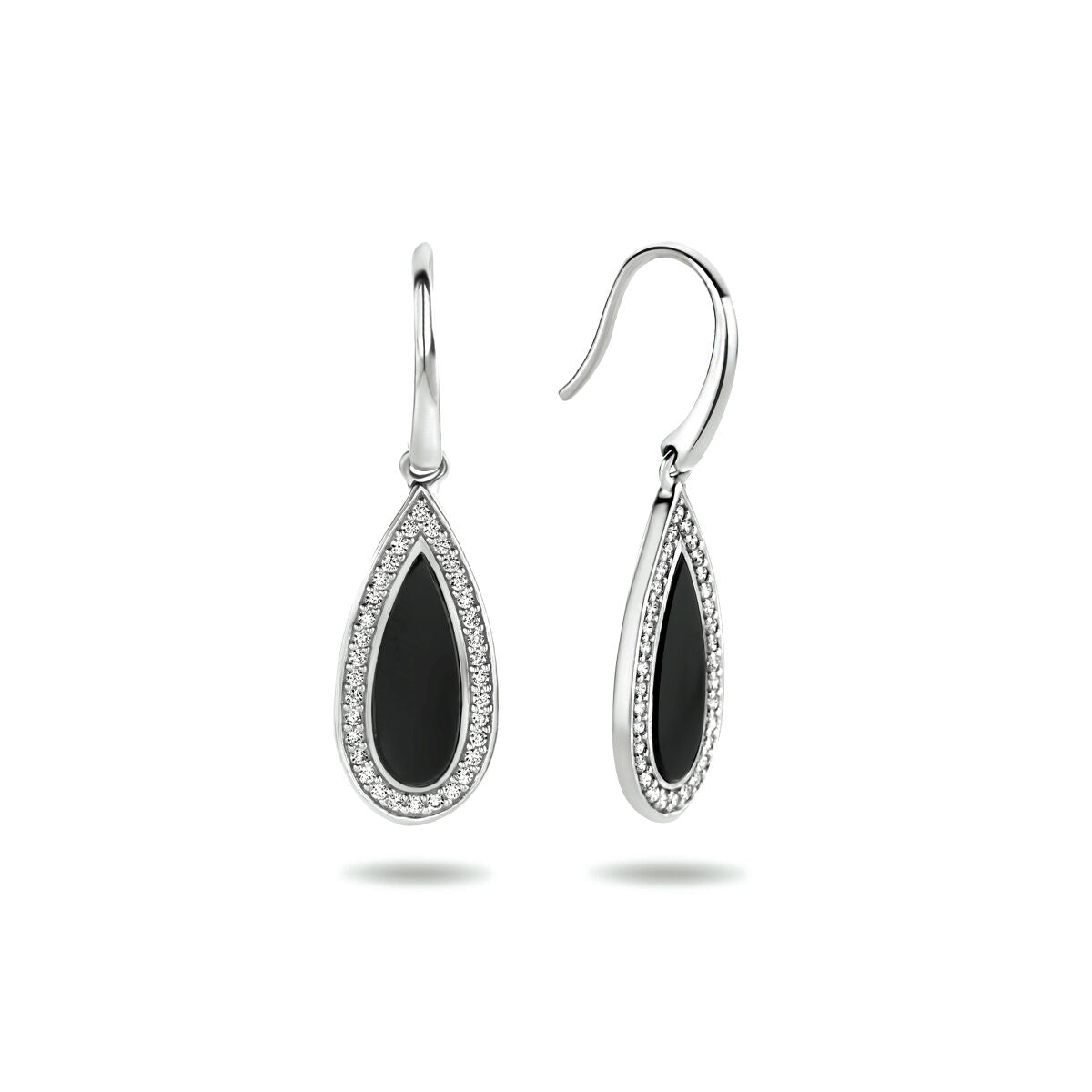Ohrhänger mit tropfenförmigem Onyx und Zirkonia, rhodiniertes Silber, französischer Haken
