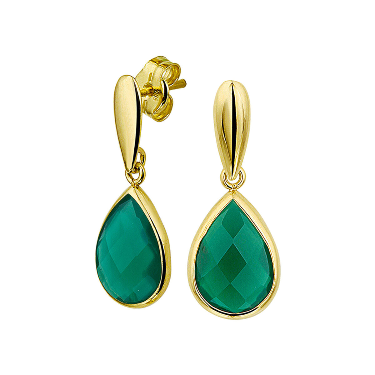 Ohrhänger aus 14K Gelbgold mit grünem Achat in Tropfenform und facettierter Oberfläche