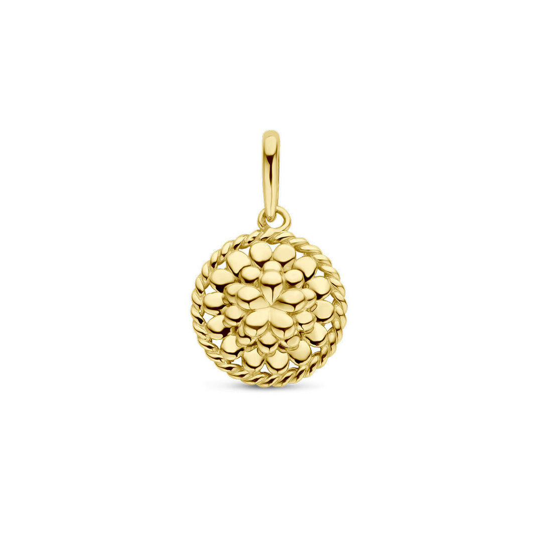 De Van der Kooij Collectie hanger met geboortebloem 14K geelgoud is een ronde, geelgouden hanger met een ontwerp met bloemblaadjesstructuur en een gepolijste haak, afgebeeld op een witte achtergrond.