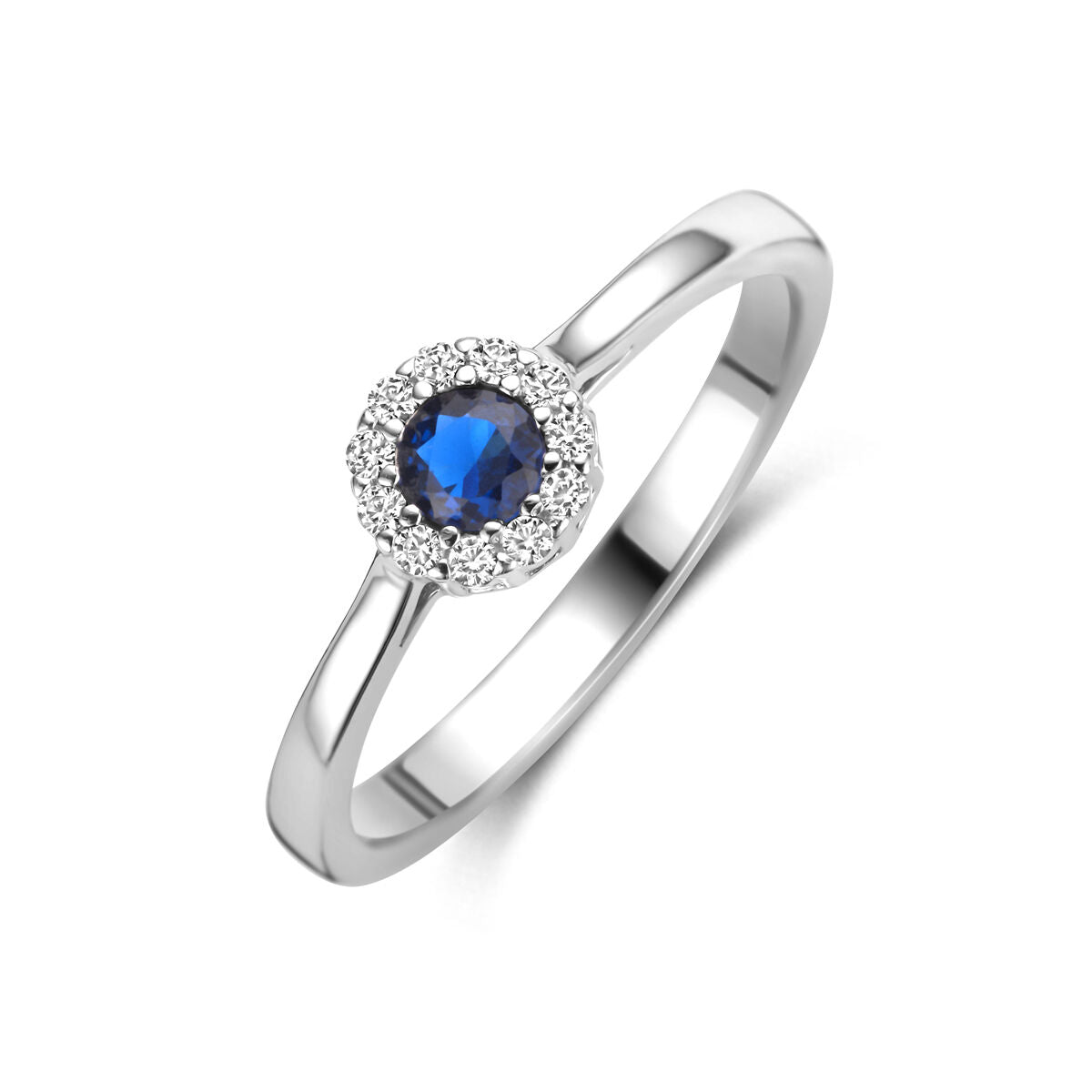 Damenring aus rhodiniertem Silber mit blauem Saphir und Zirkonia, brillant geschliffen