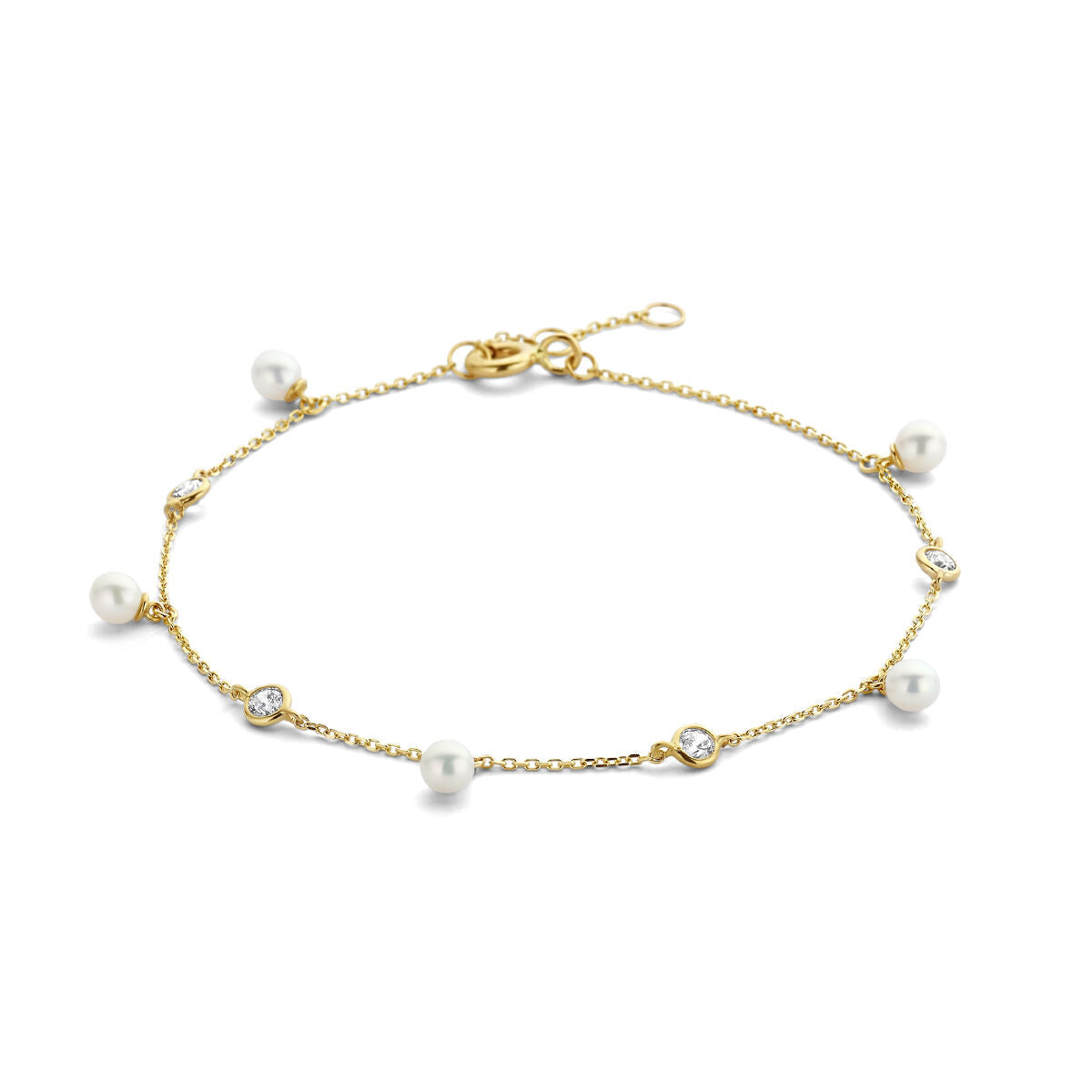 Armband aus 14K Gelbgold mit Perlen und Zirkonia, Länge 16-18 cm