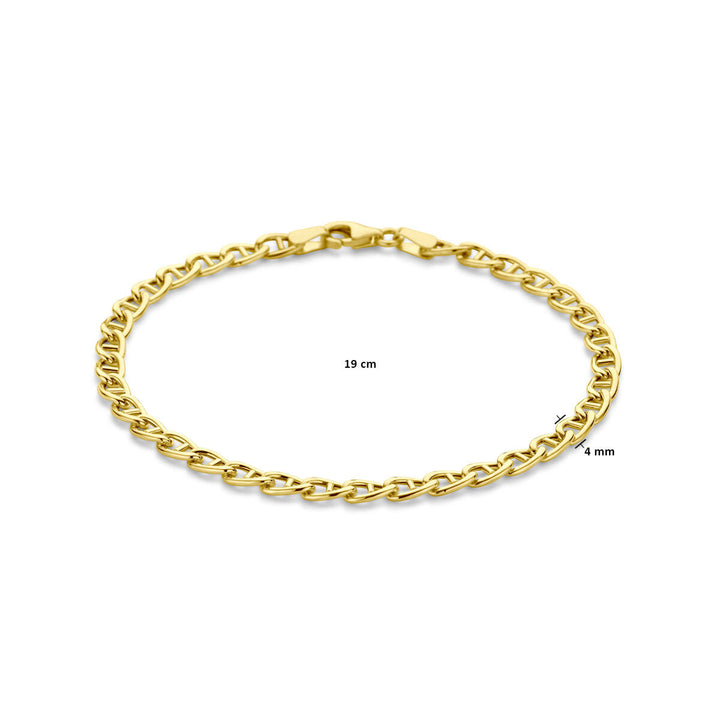 De armband 4,0 mm 19 cm 14K geelgoud uit de Van der Kooij Collectie is een stijlvolle damesarmband met stevige sluiting, effectief getoond op een witte achtergrond.
