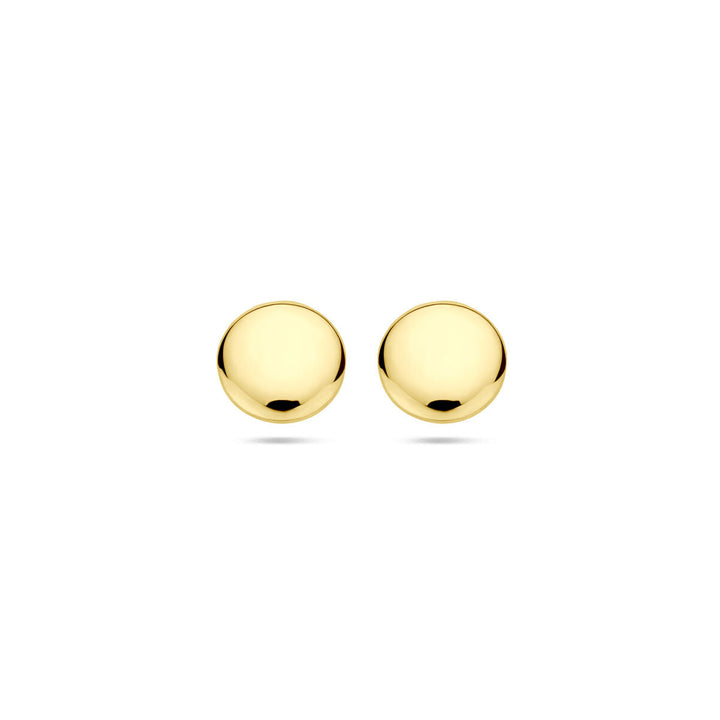 Een paar oorknoppen rond 14K geelgoud uit de Van der Kooij Collectie, met een gladde, glanzende afwerking op een witte achtergrond - tijdloze oorbellen.