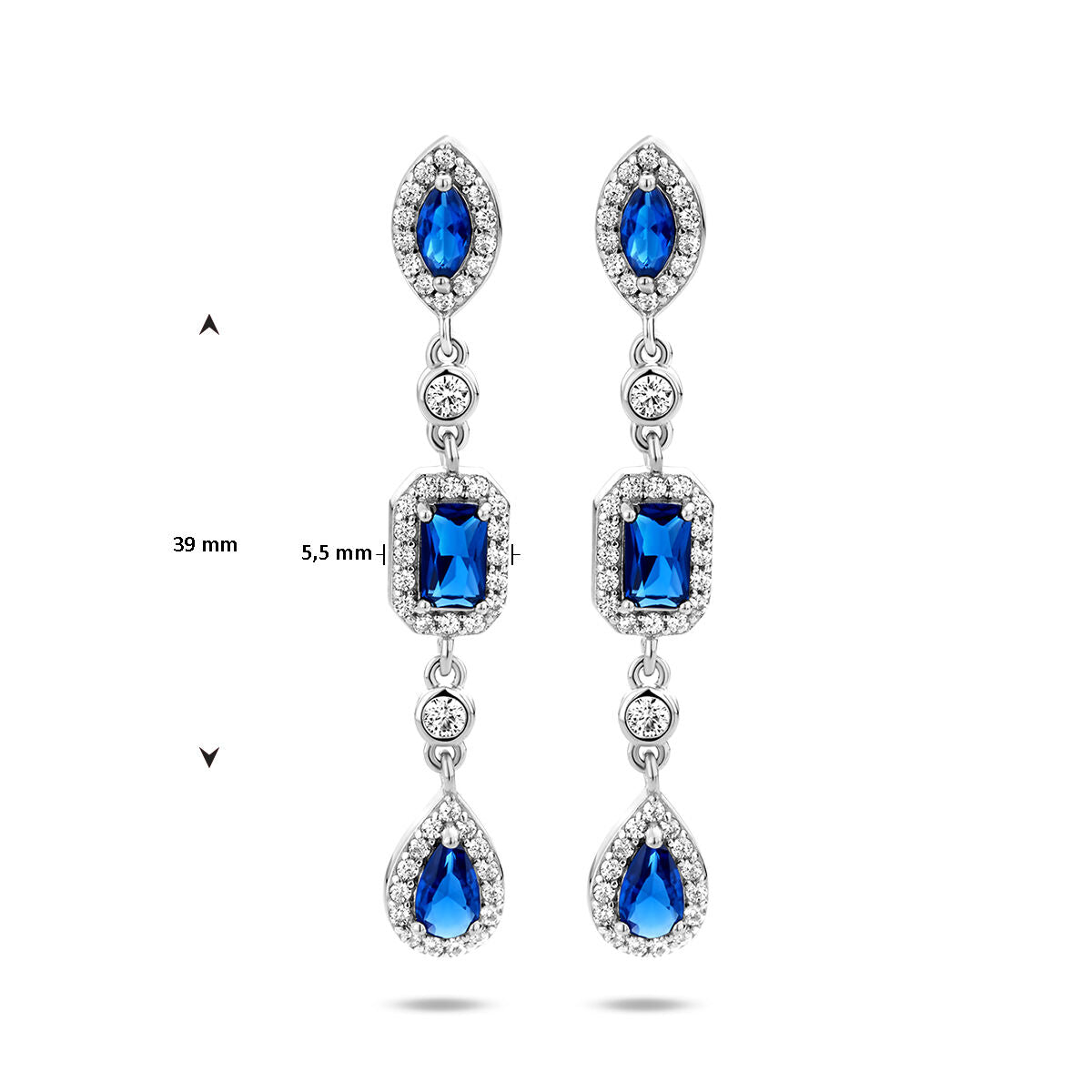 Ohrringe weiß und blauer Saphir, Silber rhodiniert