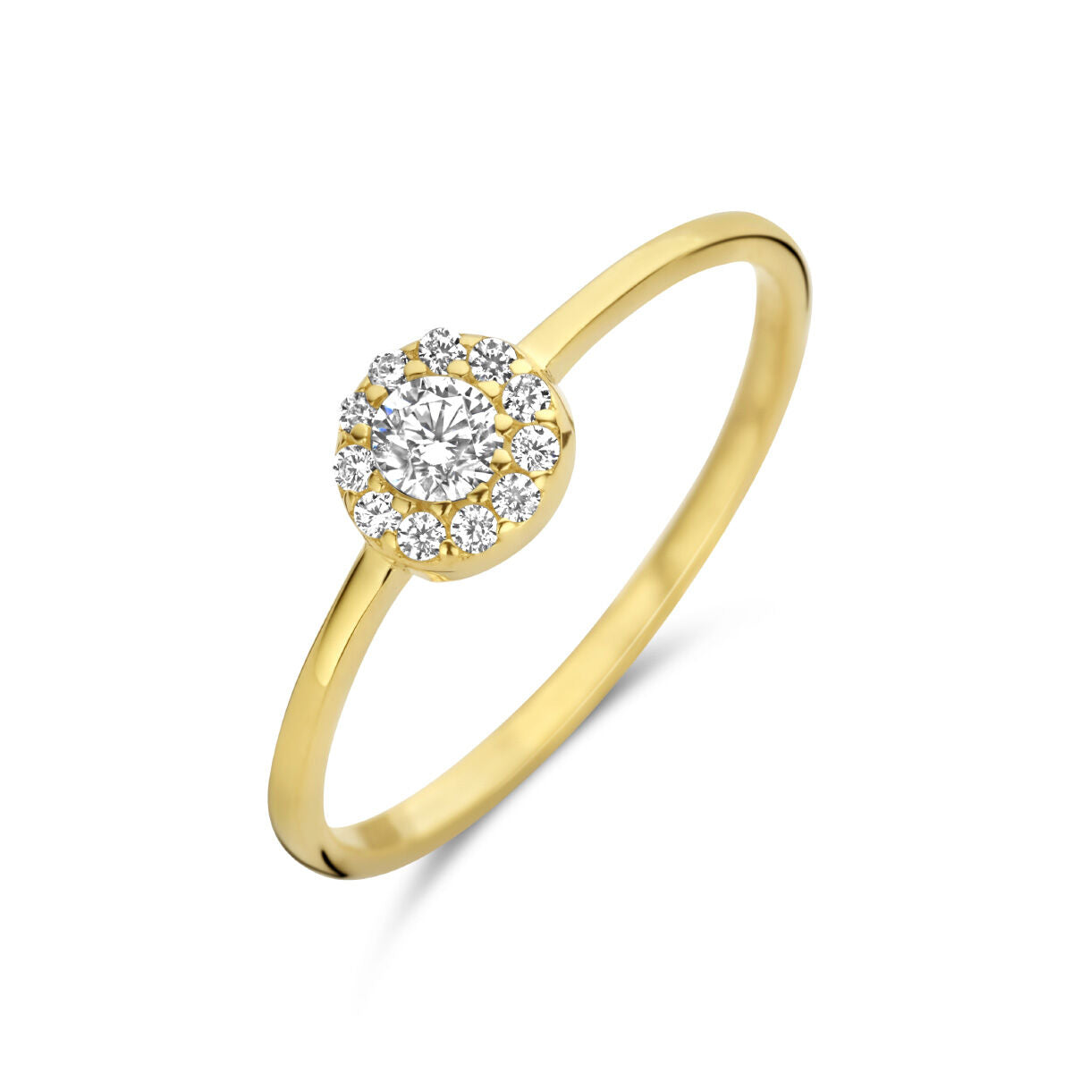 De Van der Kooij Collectie ring zirkonia halo 14K geelgoud is een damesring met een centrale zirkonia, omringd door kleinere stenen in een halo-zetting op een fijne gouden band, gepresenteerd tegen een witte achtergrond.