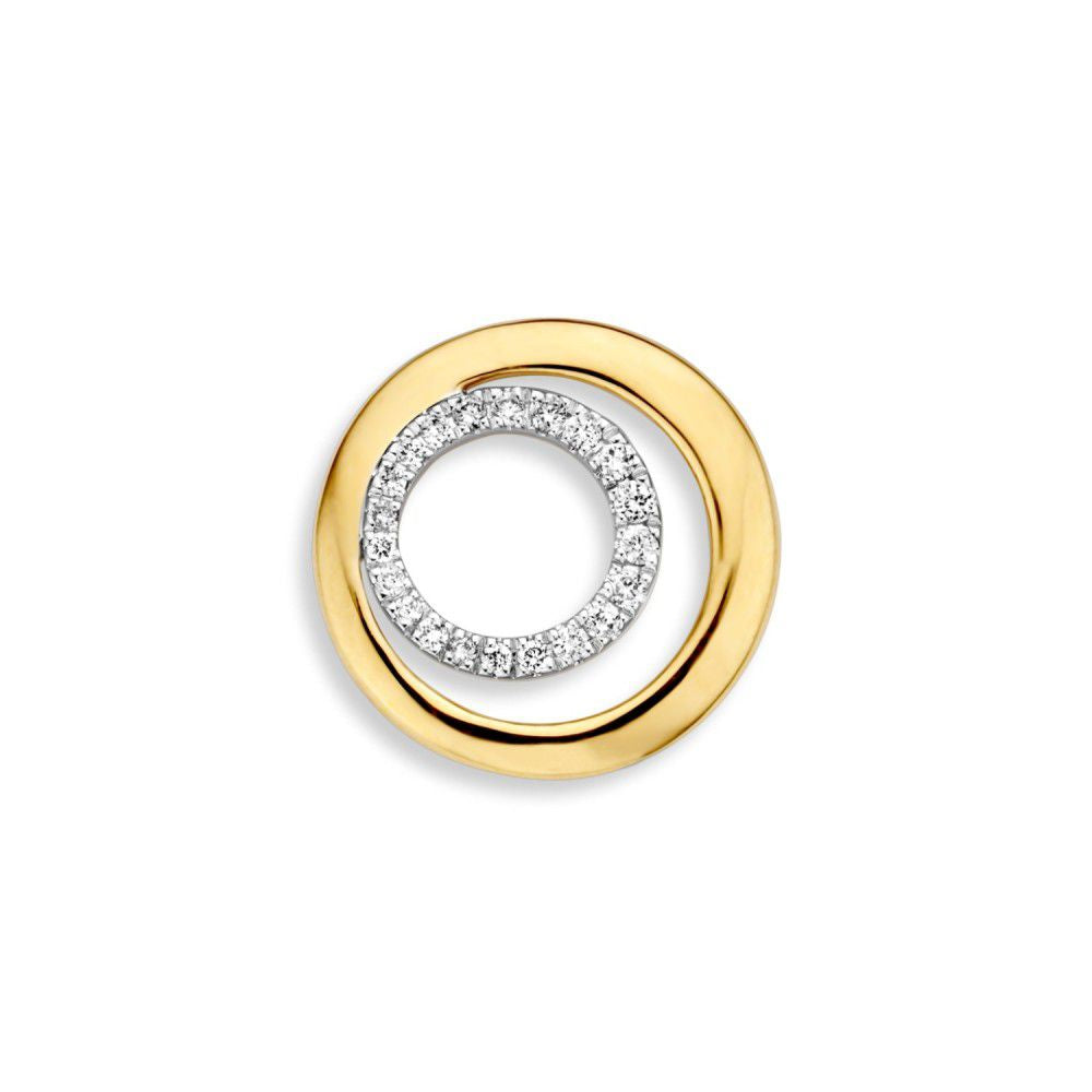 Bicolor Anhänger aus 14 Karat Gold mit einem weißen und einem gelben Ring sowie 0,11 Karat Brillantdiamanten