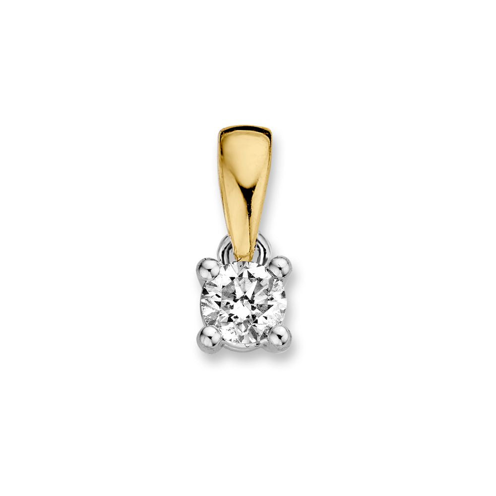 De Excellent Jewelry bicolor gouden solitair hanger met 0,30 crt briljant in vierpootszetting (14 karaat goud) is elegant gepresenteerd tegen een witte achtergrond.