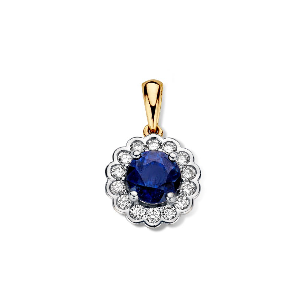 Bicolor Anhänger aus Gelb- und Weißgold mit blauem Saphir und Diamanten