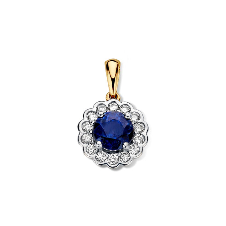 Bicolor geel- en witgouden hanger met blauwe saffier en diamanten - 14 karaat