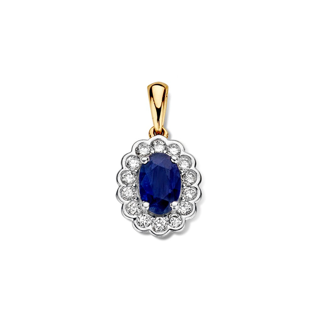 Gelbgoldener Anhänger mit blauem Saphir und Diamanten, ovaler Form, umgeben von einer Zierkante