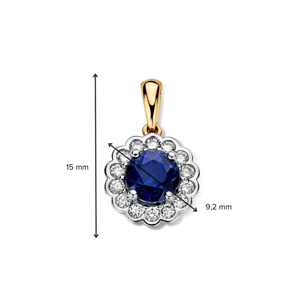 Bicolor Gelb- und Weißgoldanhänger mit blauem Saphir und Diamanten - 14 Karat
