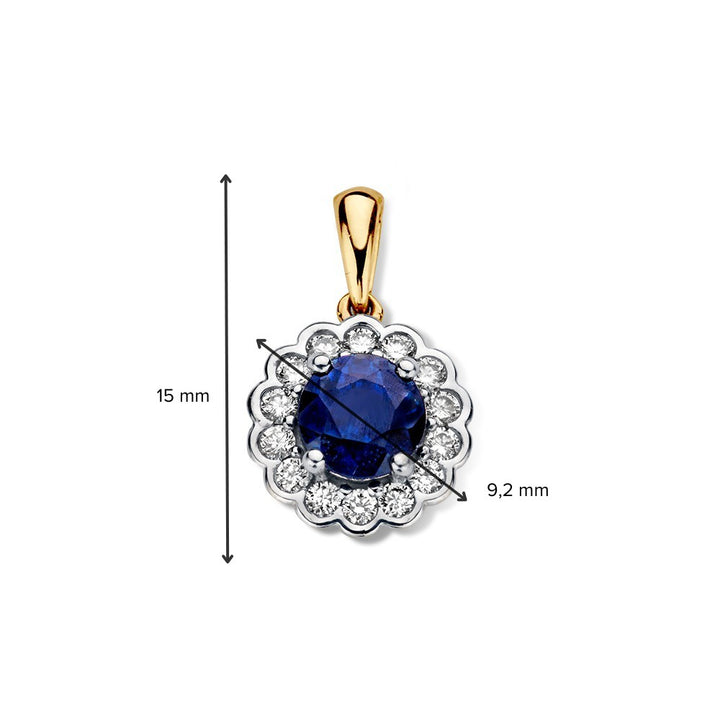 Bicolor geel- en witgouden hanger met blauwe saffier en diamanten - 14 karaat