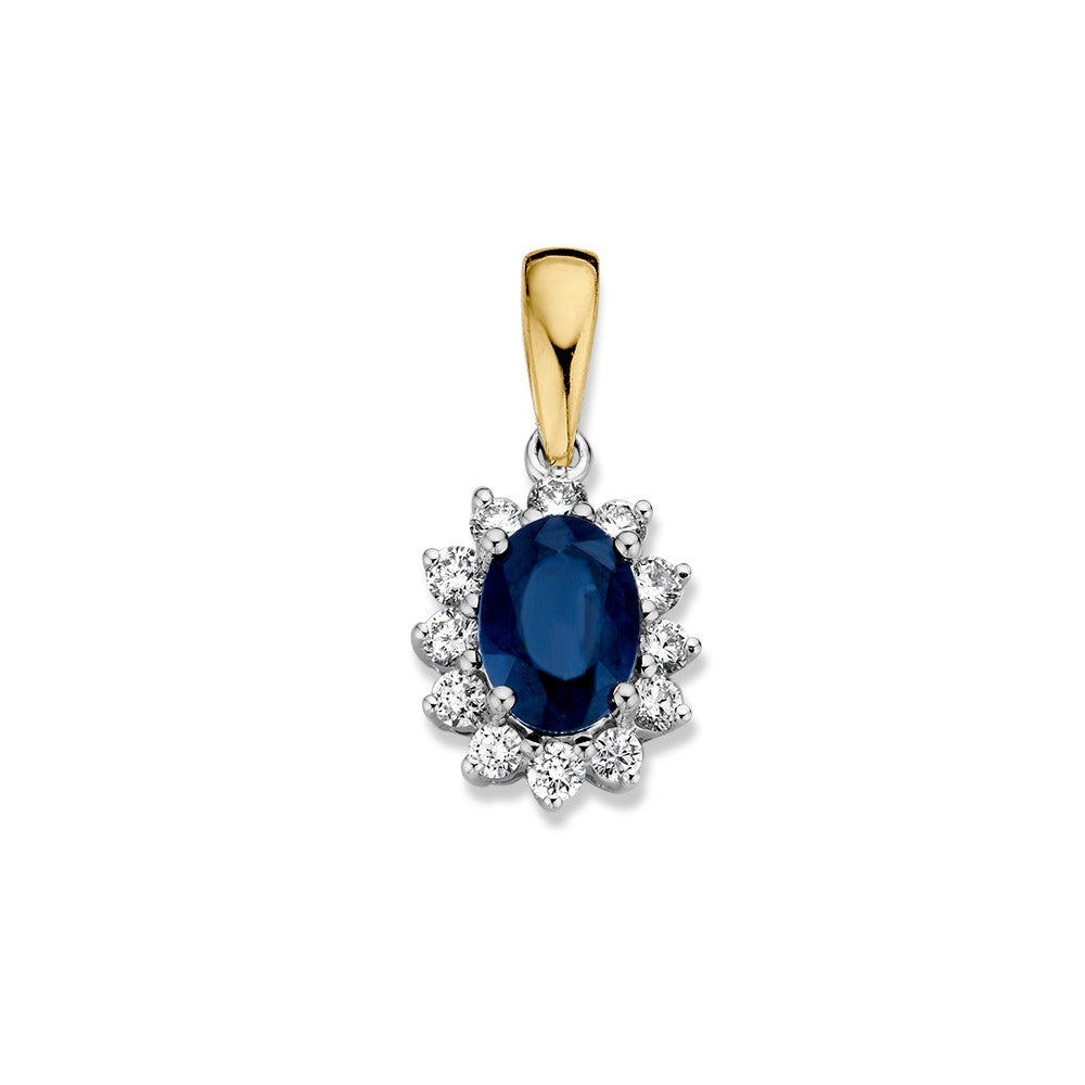Bicolor Anhänger aus Weiß- und Gelbgold mit blauem Saphir und Diamanten, 14 Karat