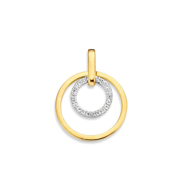 Speelse gouden hanger met twee in elkaar vallende cirkels – 14 karaat geel/witgoud – 16 mm diameter
