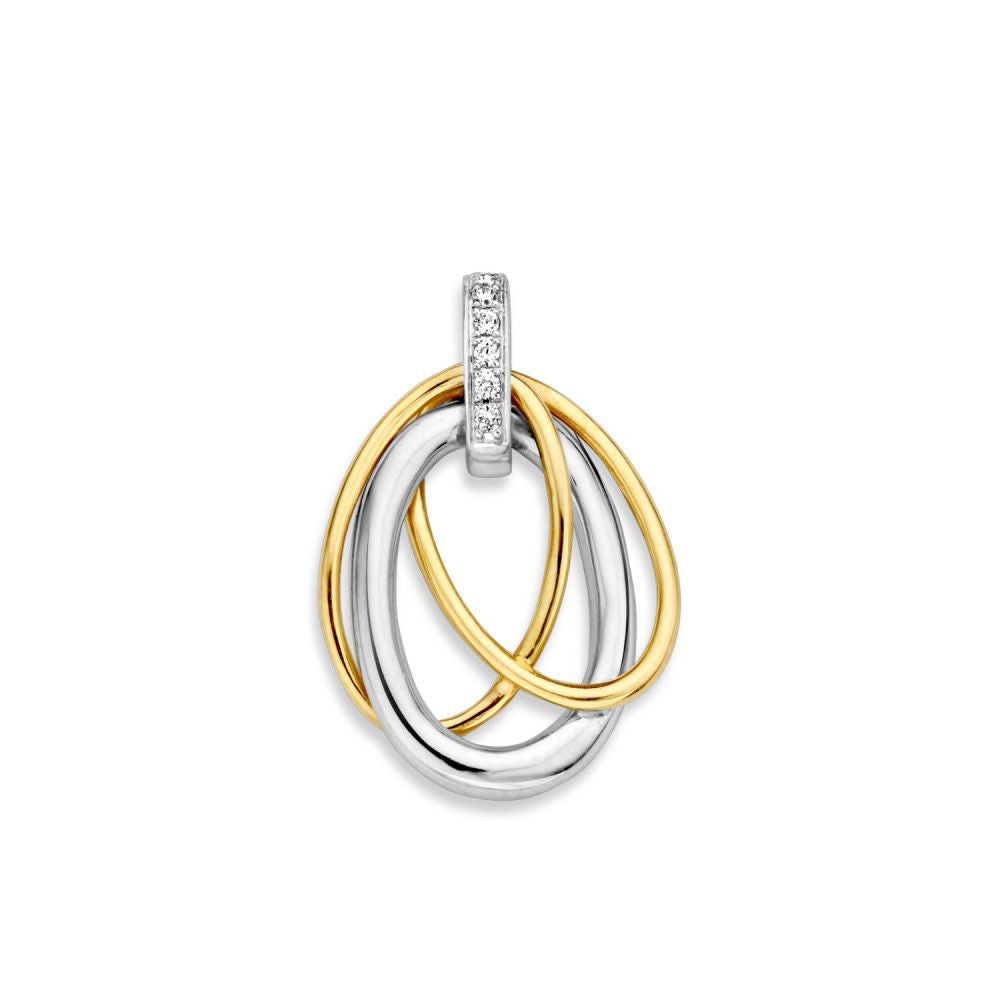Bicolor Hänger aus Gelbgold und Weißgold mit Zirkonia, geschwungene Form und ineinandergreifende Ringe