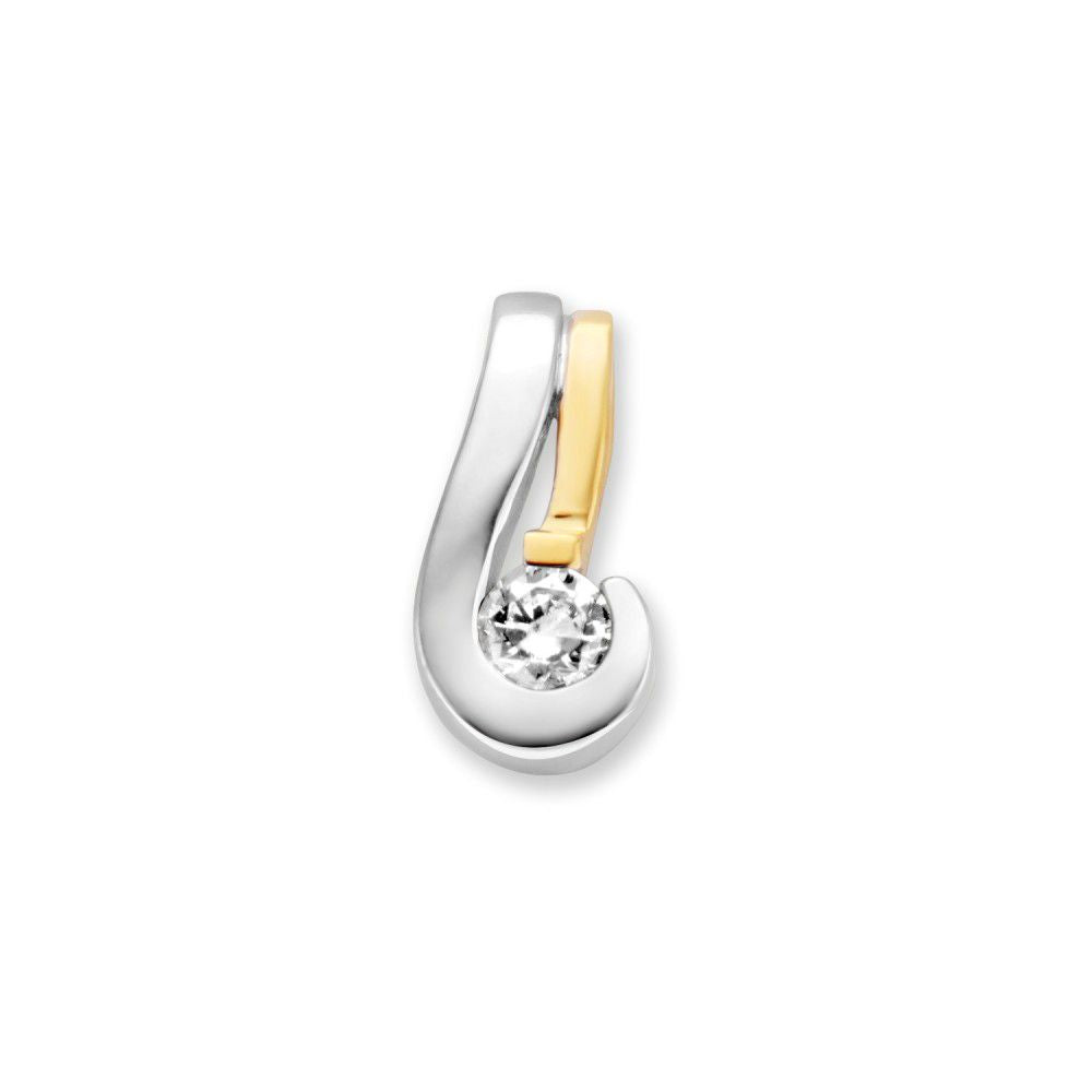 Bicolor Hänger aus Weiß- und Gelbgold mit Zirkonia, geschwungene Form und glänzende Oberfläche