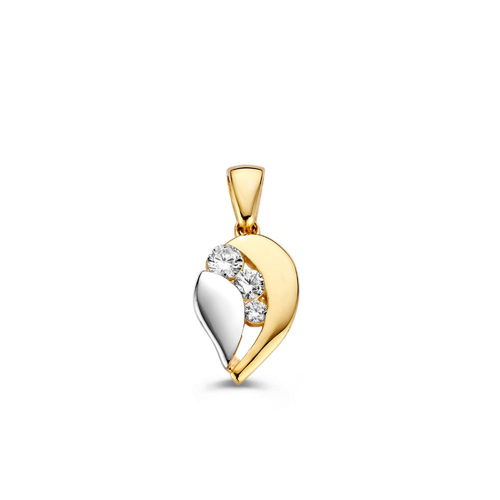 Bicolor Tropfenanhänger aus Gold mit Zirkonia, eine Hälfte in Gelbgold und die andere in Weißgold