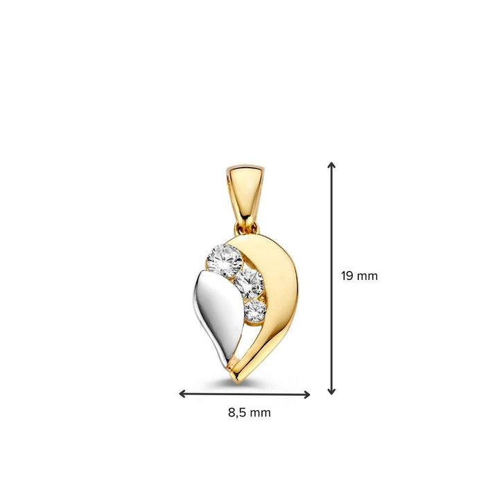 De "Bicolor Gouden Druppelhanger met Zirkonia" van Excellent Jewelry, uitgevoerd in wit- en geelgoud met drie ronde zirkonia's, is 19 mm hoog en 8,5 mm breed. Afgebeeld tegen een witte achtergrond met aanduiding van de afmetingen.