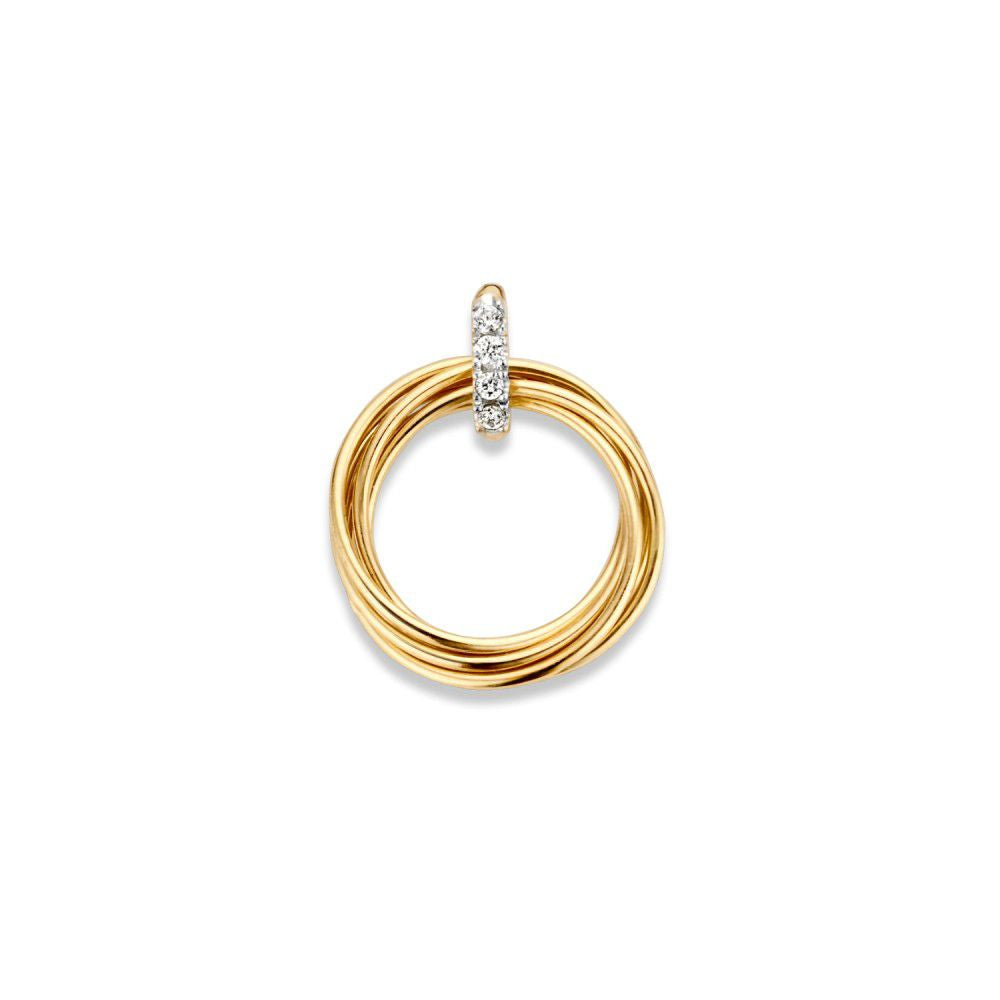 Bicolor Anhänger aus 14-karätigem Gold mit beweglichen Ringen und Zirkonia, Durchmesser 14 mm