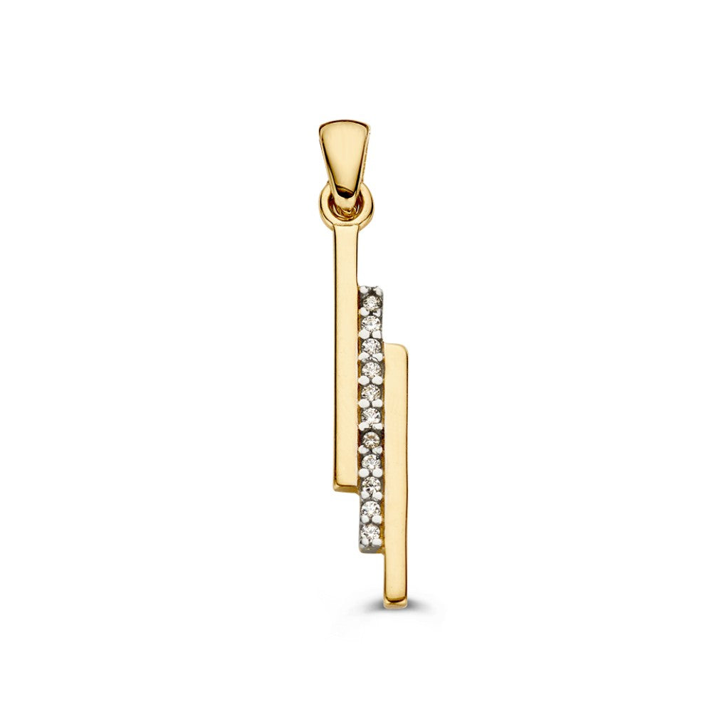 Geelgouden hanger in strak design gezet met zirkonia’s – 14 karaat, 1,2 gram, 30 mm