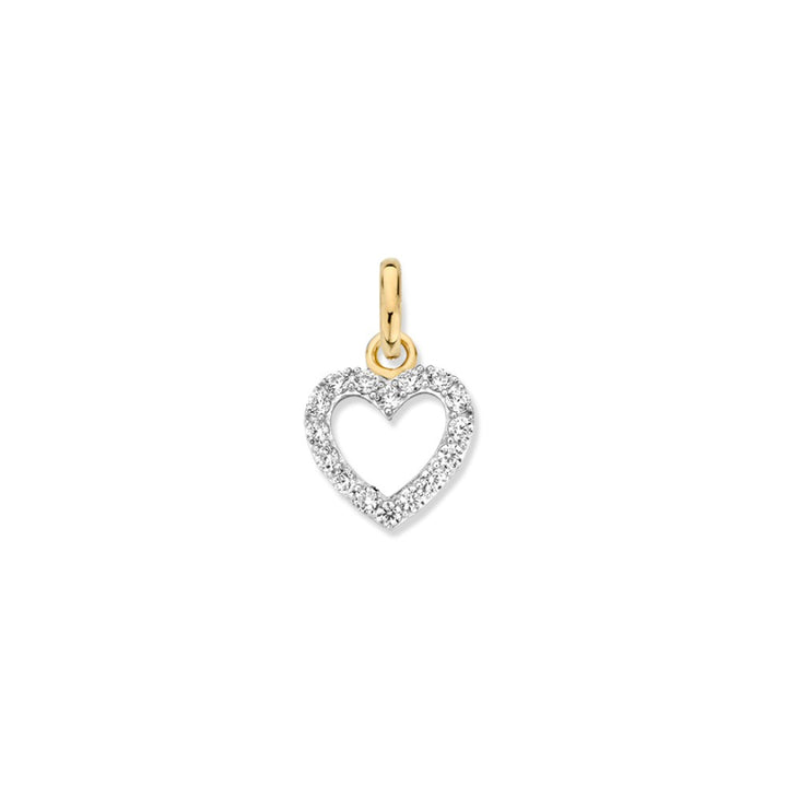 Bicolor wit- en geelgouden harthanger met zirkonia’s – 14 karaat, 0,5 gram, 10 mm