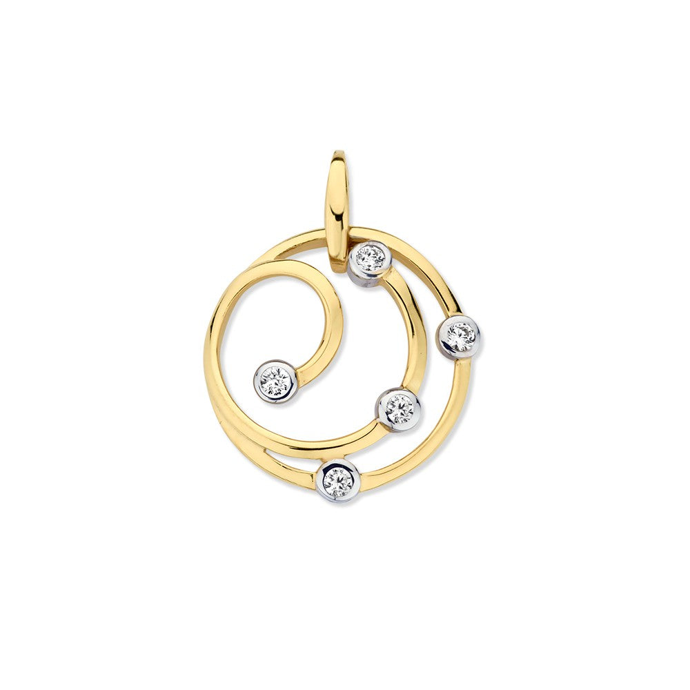 Hänger aus 14-karätigem Gelbgold mit Zirkonia, spiralförmiges Design, Durchmesser 16 mm