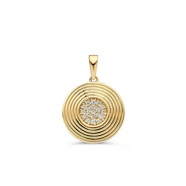 Ronde geelgouden hanger met bewerkte rand en hart van zirkonia’s – 14 karaat, 1,6 gram, 15 mm
