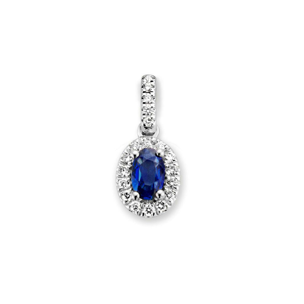 Hänger aus 14-karätigem Weißgold mit ovalem blauen Saphir und Diamanten umrandet