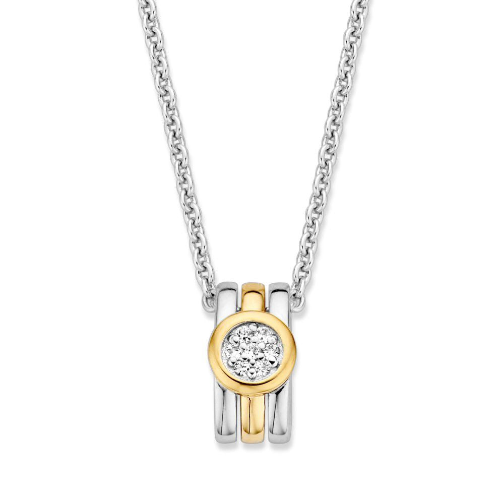 Silberner Anhänger mit goldenen Details und weißem Zirkonia, Durchmesser 14 mm
