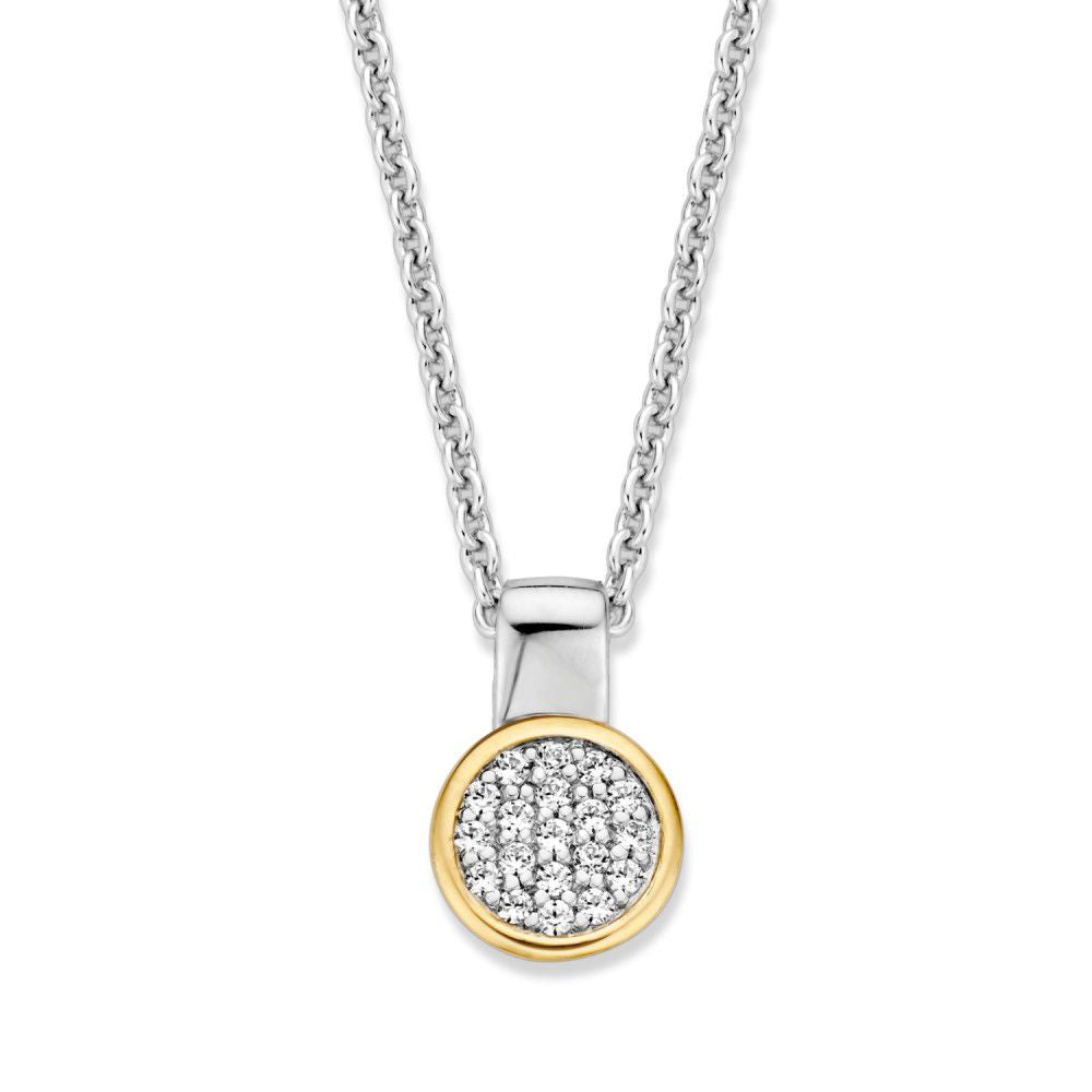 Hänger aus Silber mit goldener Lünette und weißen Zirkonia, Durchmesser 16 mm, 0,5 Gramm