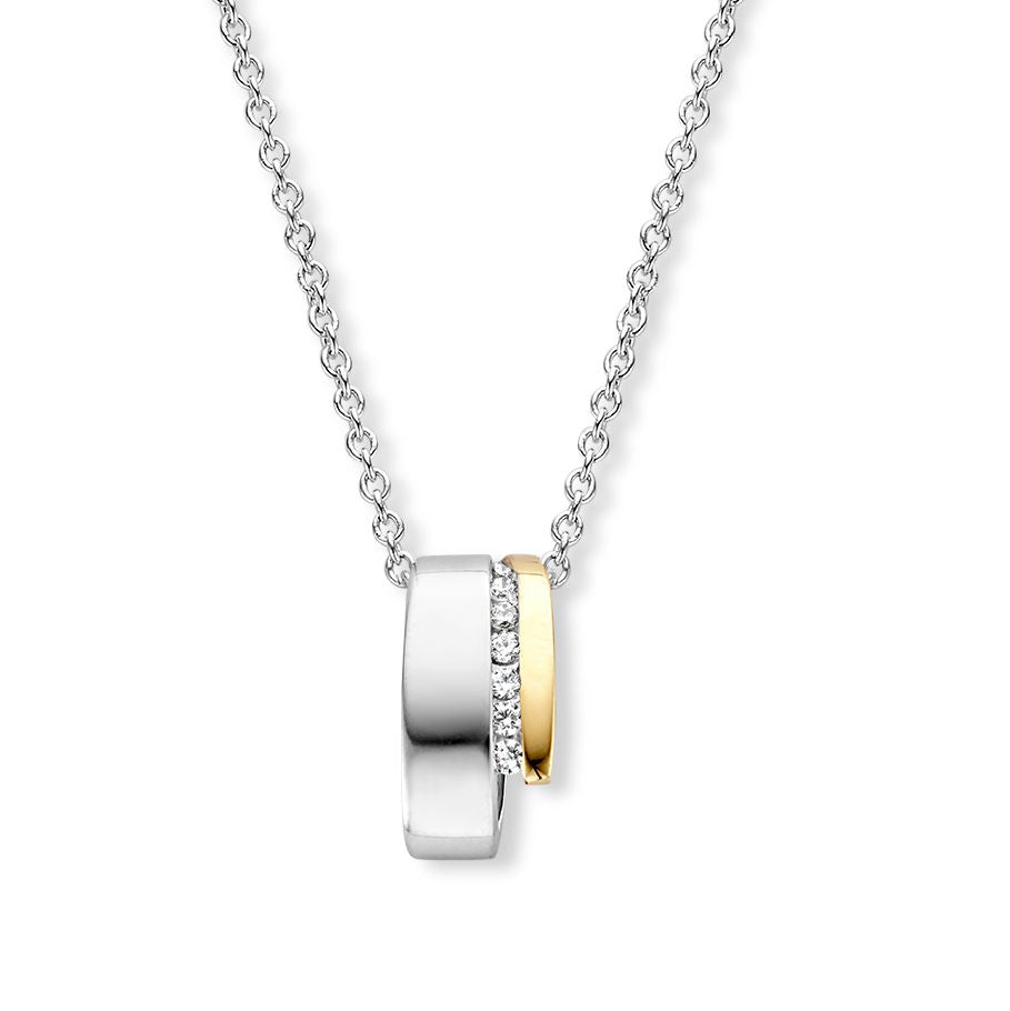 Halskette mit silbernem und goldenem Anhänger, verziert mit weißen Zirkonia, 18 mm groß