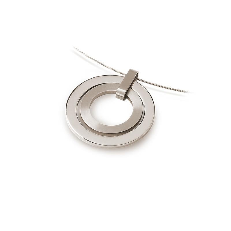 Hänger aus Titan in kreisförmigem Design mit zwei konzentrischen Ringen und einer silbernen Oberfläche
