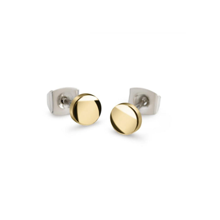 De Boccia Titanium Oorstekers gp 05064-02 zijn ronde oorstekers van Boccia, met glanzende goudkleurige voorkanten en zilverkleurige achterkanten, afgebeeld op een witte achtergrond.