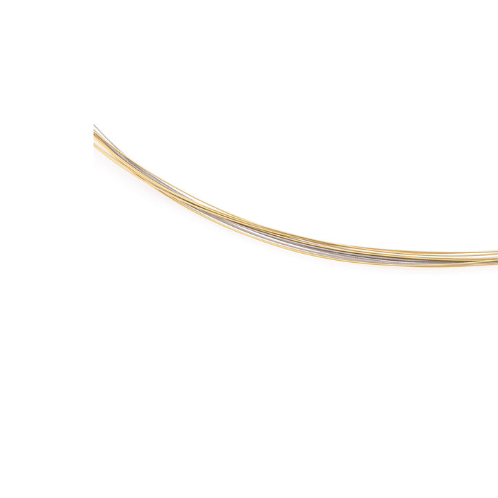 De Boccia Titanium Lengte Collier Bicolor staal 0859-03, een slanke gouden en zilverkleurige stalen halsketting van Boccia, is linksboven geplaatst op een effen witte achtergrond.