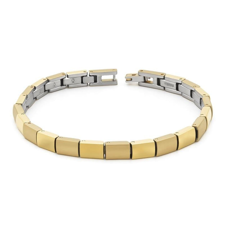 De Boccia Titanium Armband gp 0313-10 heeft afwisselend gouden en zilveren metalen schakels in een strak, modern ontwerp. Deze herenarmband wordt door Boccia weergegeven in een stijlvolle, gebogen halfronde vorm.