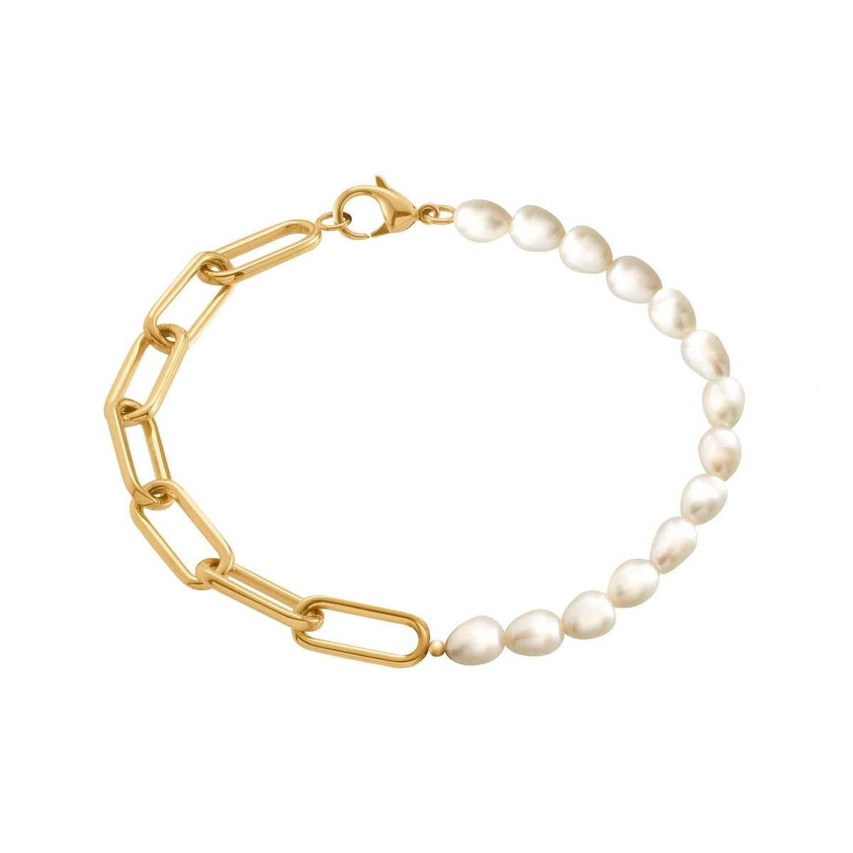 Armband aus goldfarbenem Titan mit weißen Perlen und gliederigem Design