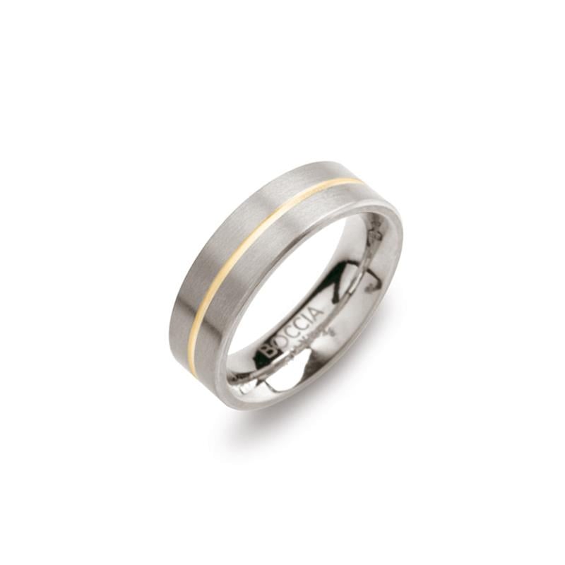 Bicolor Ring aus Titan mit glänzender silberner Oberfläche und goldfarbener Linie