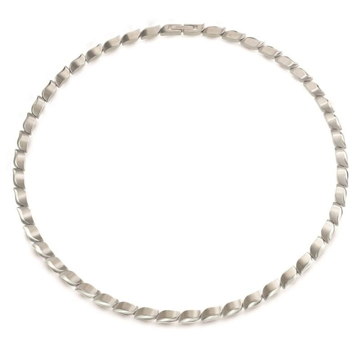 De Boccia Titanium Collier 08038-01, een zilverkleurige damesketting van Boccia, is een elegante ketting met bladvormige schakels in een naadloos cirkelvormig patroon en een sluiting met gesp. Tegen een effen witte achtergrond benadrukt het zijn metaalachtige glans, waardoor het een echt duurzaam accessoire is.