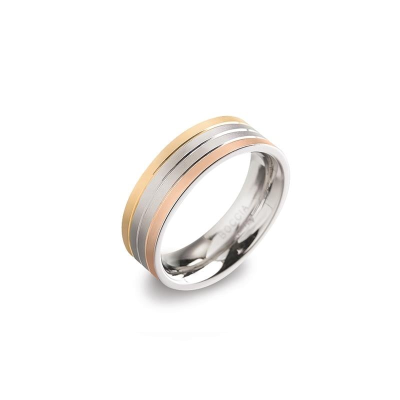 Titanring in Tricolor mit silbernem, goldfarbenem und roségoldenem Streifenmuster
