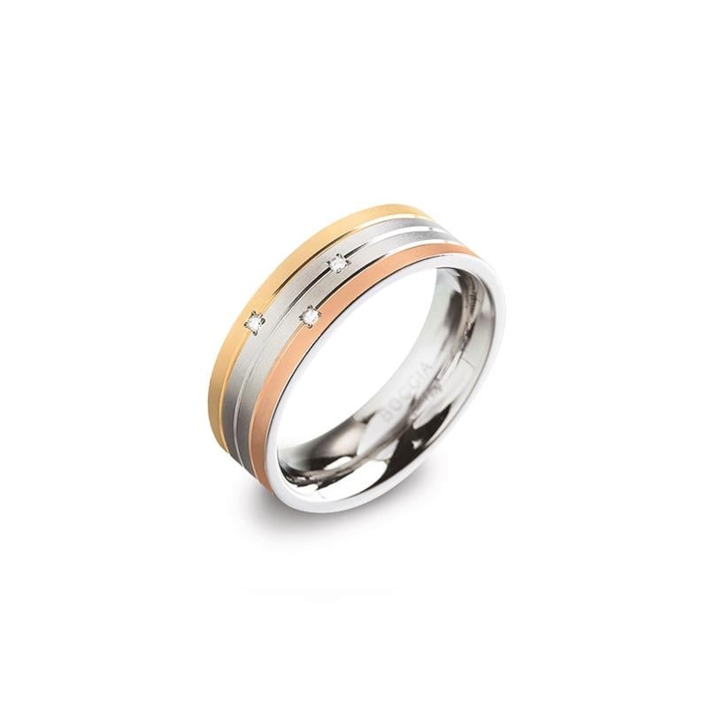 Titanring in Tricolor mit zwei goldenen und einem silbernen Streifen sowie drei kleinen Zirkonia
