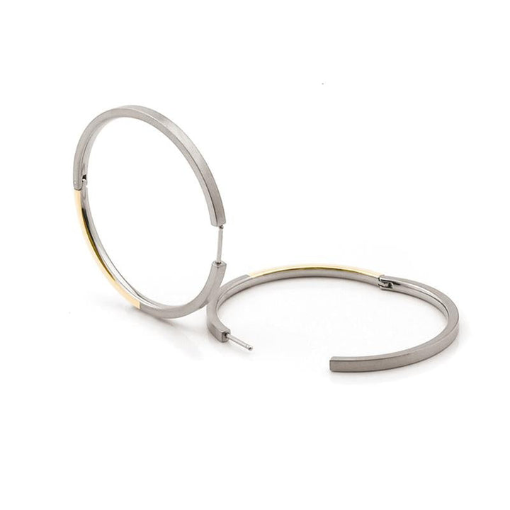 De Boccia Titanium Oorringen Bicolor 0508-02 van Boccia hebben een moderne zilver-gouden look met een minimalistisch design. De oorbel is gemaakt van duurzaam titanium en staat rechtop, terwijl de andere plat ligt.