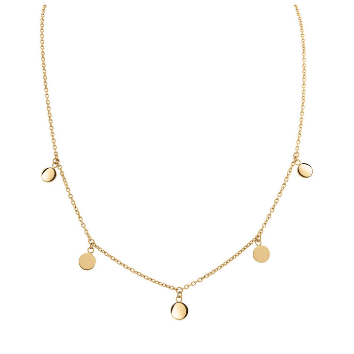 De Boccia Titanium Collier gp 08064-02 van Boccia is een delicaat goudkleurig collier met vijf gelijkmatig verdeelde kleine ronde schijfjes die een minimalistische en moderne elegantie uitstralen.