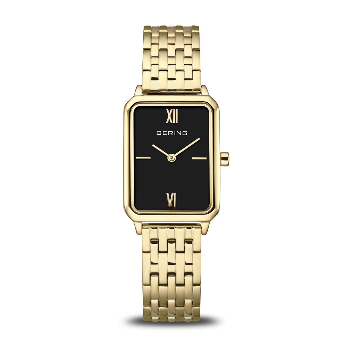 Damenarmbanduhr mit schwarzem Zifferblatt und goldenem Gehäuse sowie goldenem Mesh-Armband