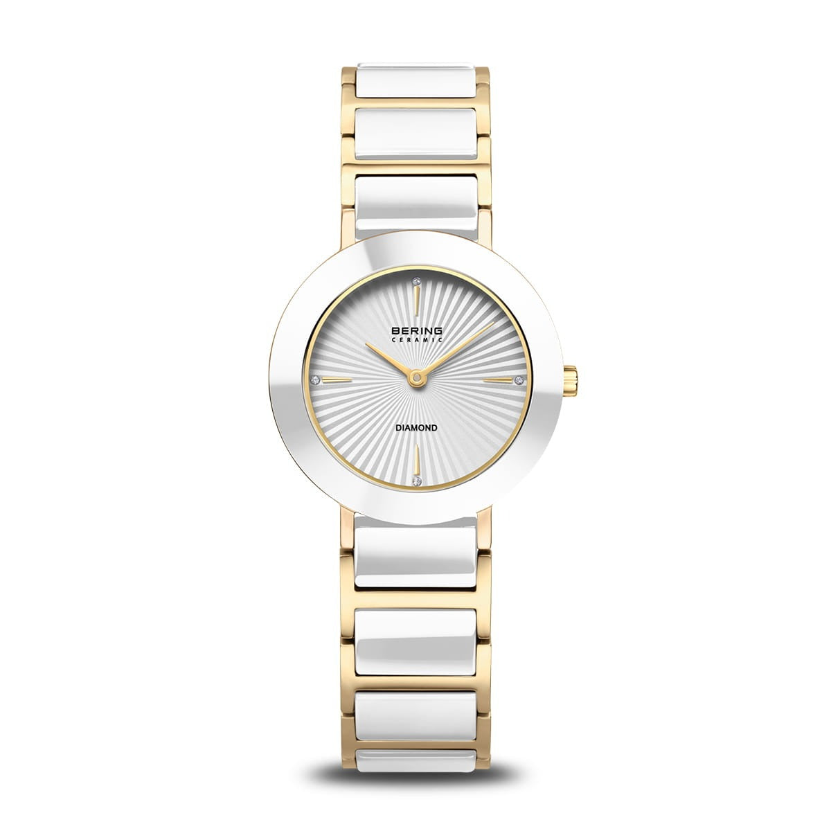 Uhr mit weißem Zifferblatt, goldfarbenem Gehäuse und weißem Armband aus Keramik.