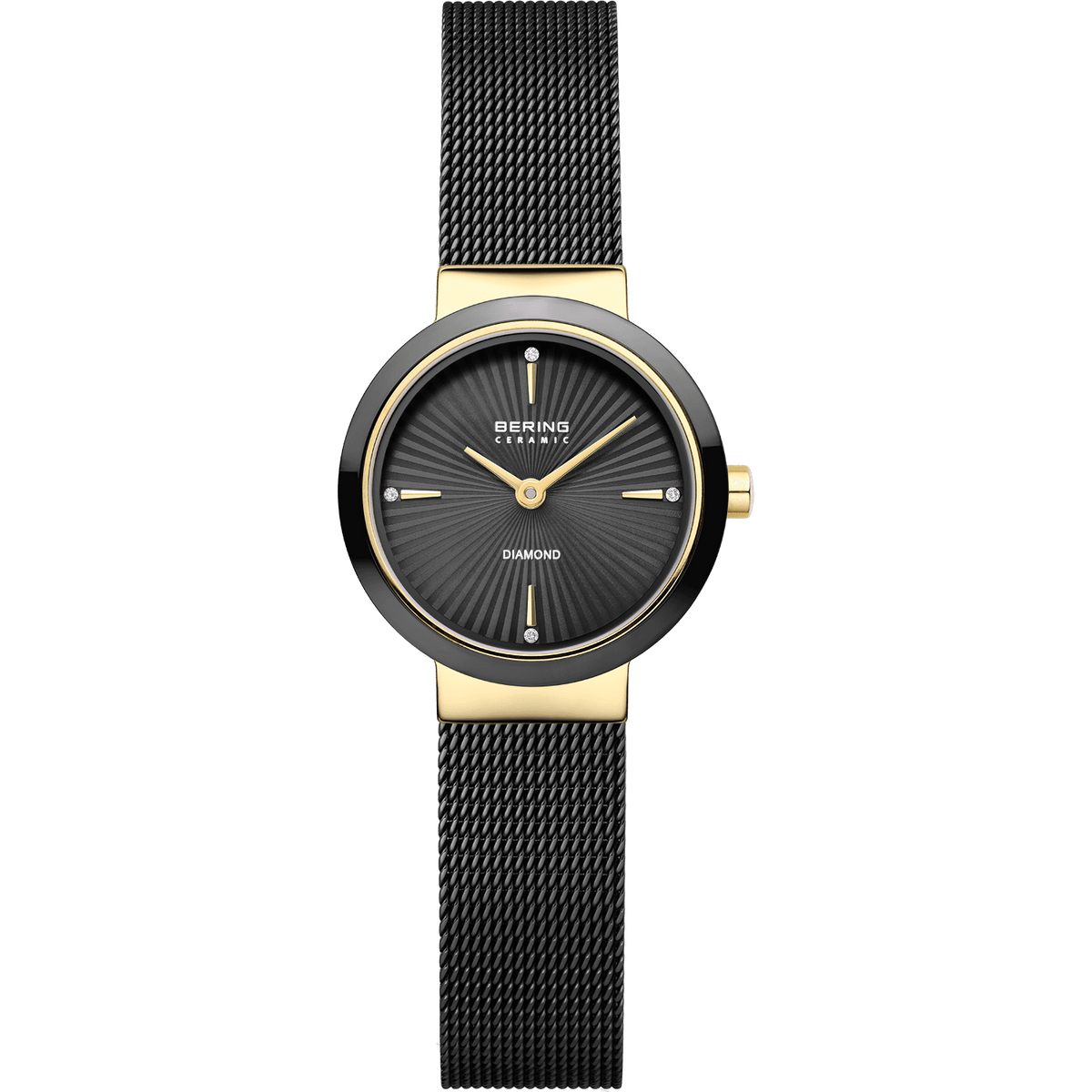 Damenarmbanduhr mit schwarzem Zifferblatt, goldfarbenem Gehäuse und schwarzem Mesh-Armband