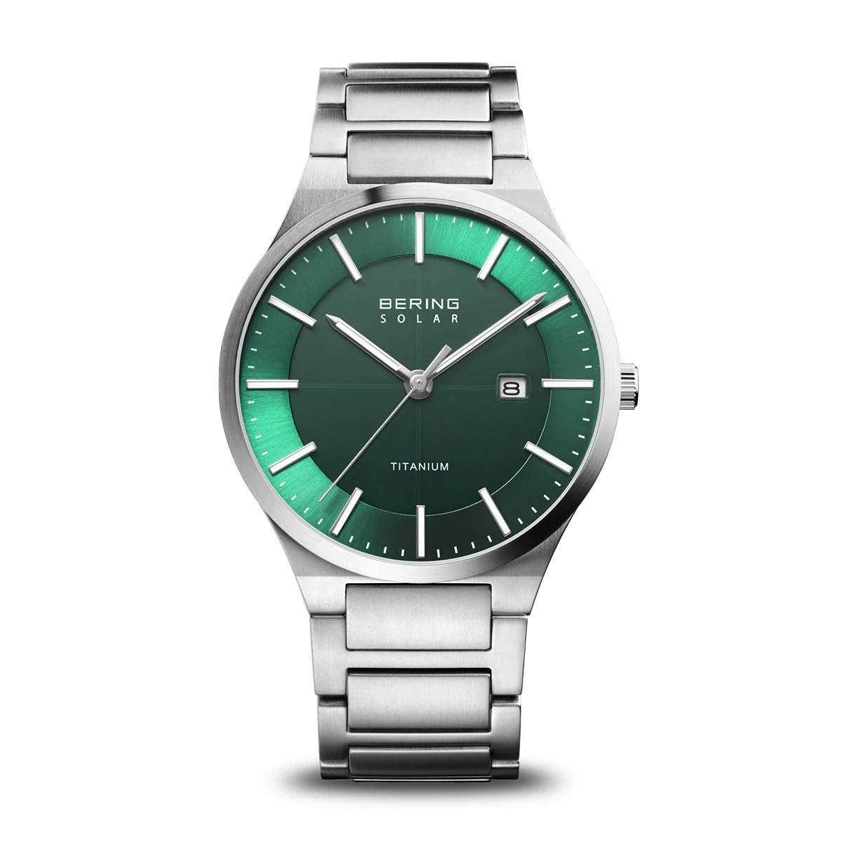 Titanium Uhr mit grünem Zifferblatt und silbernem Armband, Datumsanzeige bei 3 Uhr