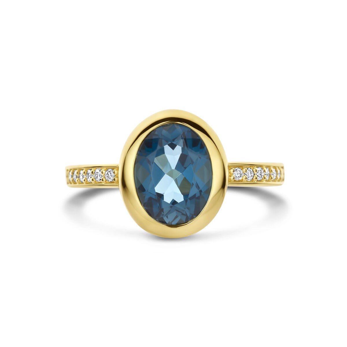 Goldener Damenring mit London Blue Topas und Diamant – 14k Gelbgold