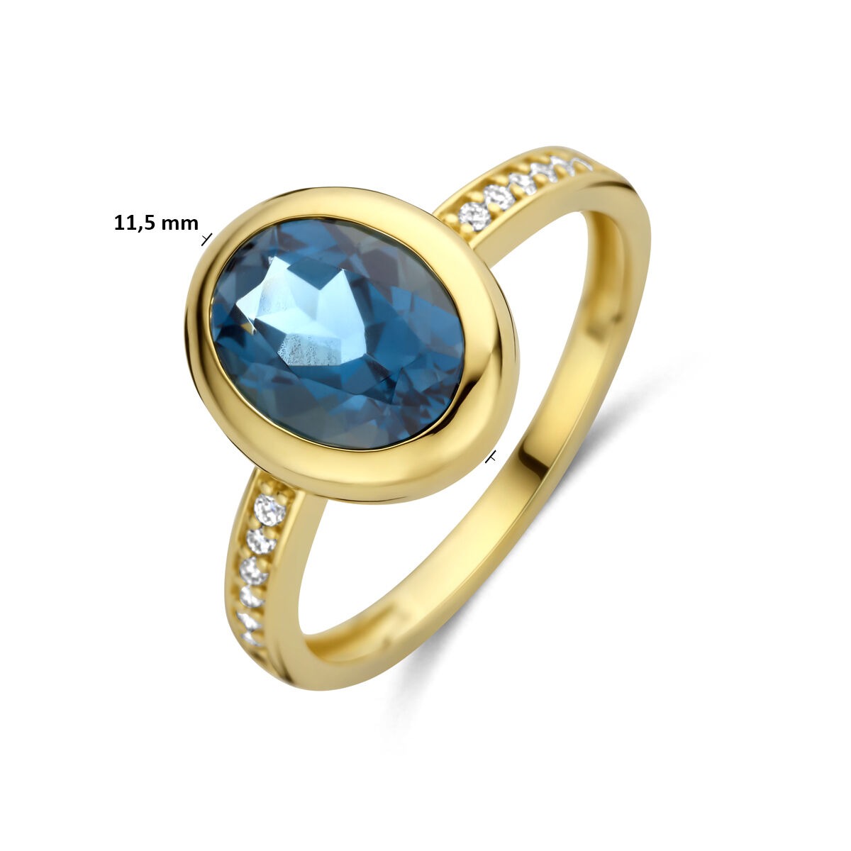 Goldener Damenring mit London Blue Topas und Diamant – 14k Gelbgold